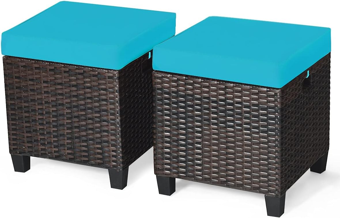 2PCS Patio Outdoor Ottomans, Rattan Wicker Ottoman Seat w/Removable Cushions, Rattan Footstool Footrest Seat, Patio Wicker Furniture Small Chair for Home,Patio, Garden, Backyard (Turquoise)