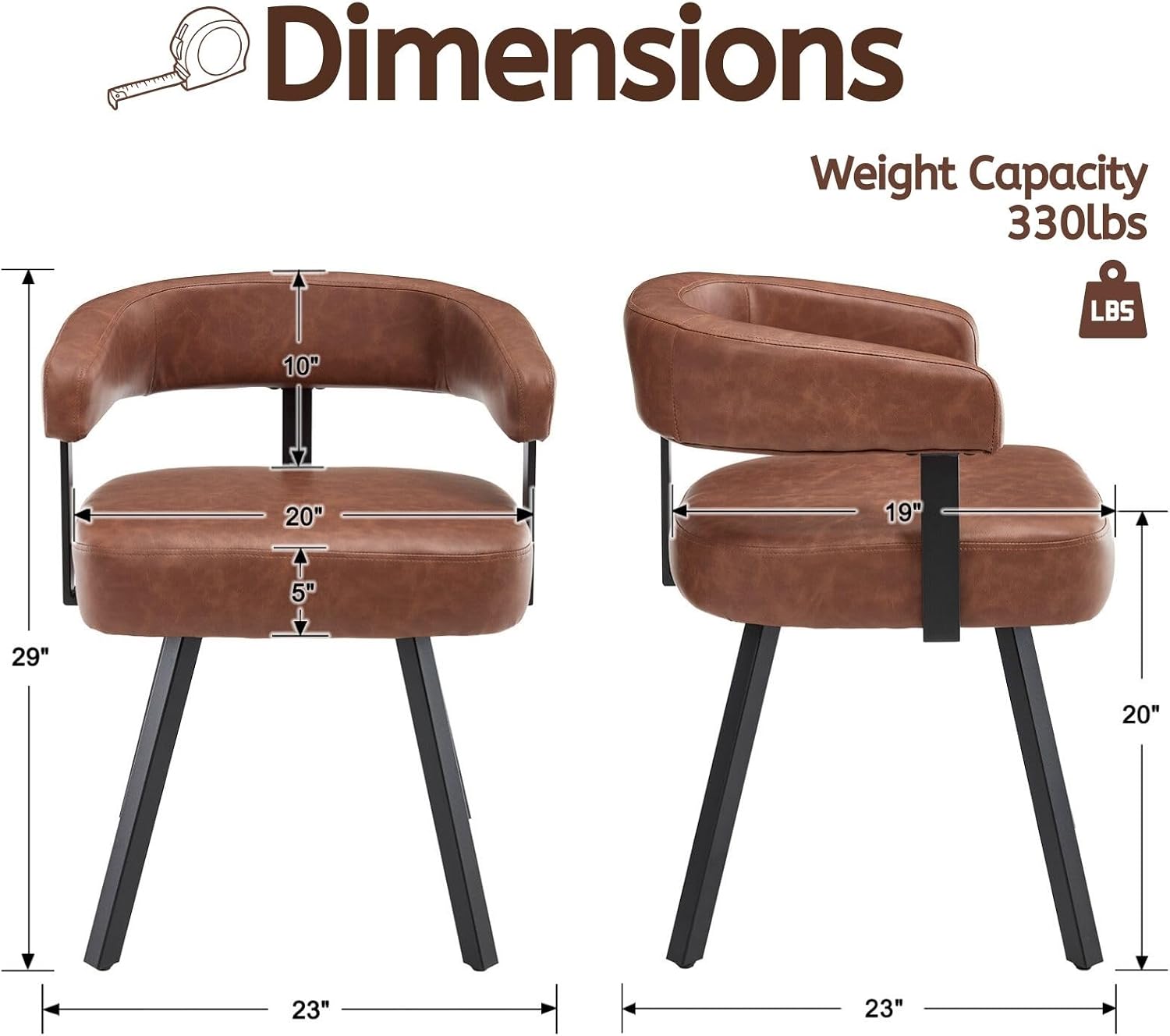 LukeAlon PU Leather Dining Chairs Set of 4, Simple Upholstered Side Chair with Padded Open Barrel Back Modern Guest Chair with Black Metal Legs for Kitchen Dining Room, Brown