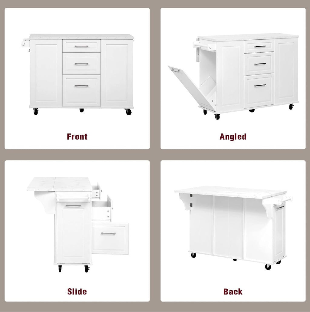 50.7" Kitchen Island with Trash Can Storage Cabinet & Drop Leaf | Island Table for Kitchen, White Faux Marble Top, Double-Tier Pull-Out Cabinet, Foldable Workspace, 5 Wheels