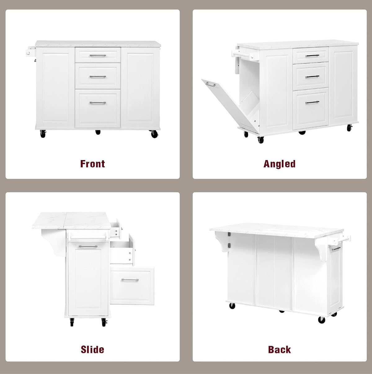 50.7" Kitchen Island with Trash Can Storage Cabinet & Drop Leaf | Island Table for Kitchen, White Faux Marble Top, Double-Tier Pull-Out Cabinet, Foldable Workspace, 5 Wheels