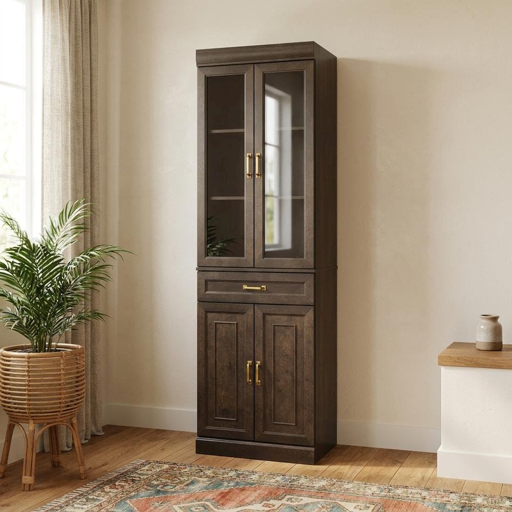Furnifact Brown Glass Door Pantry Cabinet, Durable Construction, Anti-Tip, Secure Storage, Sleek Design, Kitchen Organization, Spacious, Easy Access