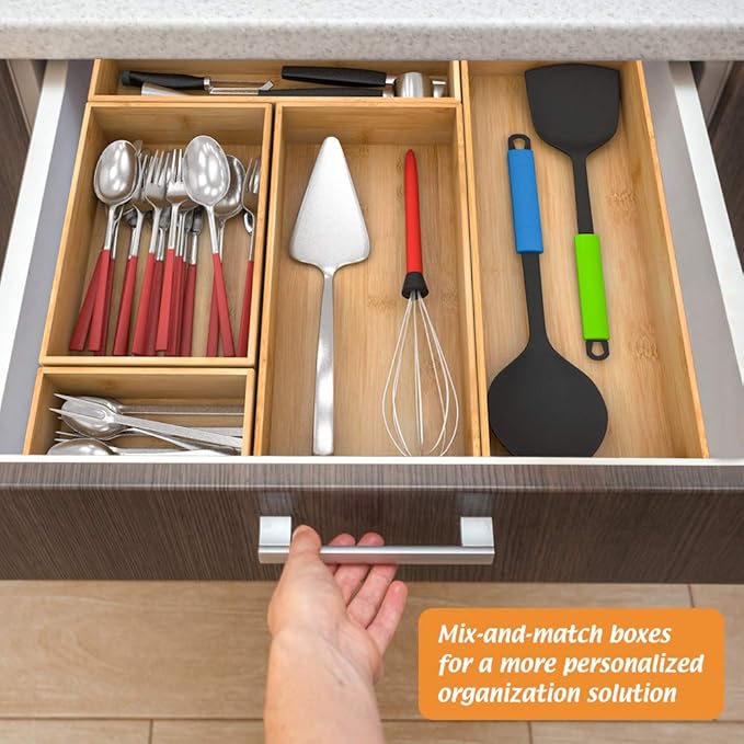Bamboo Kitchen Drawer Organizer, Wooden Storage Box for Utensil Organizer Silverware Tray Cutlery Holder Flatware Containers - Multi-Use Deep Drawer Dividers Organizer for Bathroom, Jewelry, 12"3"2.5"