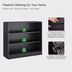Metal Black Bookshelf, Short Bookshelf with Adjustable Shelves, 3 Tier | Open Bookcase, Small Storage Cabinet, Office Shelves, Cabinet Display Case for Home Office, Living Room, Library, Classroom