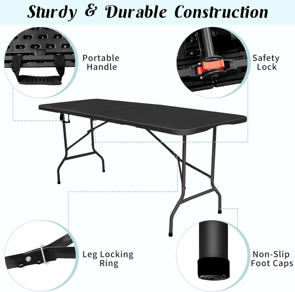 Folding Table 6ft Foldable Table with Built in Handle & Steel Legs / 6FT Heavy Duty Folding Portable,Perfect for Party, Dining Indoor/Outdoor Events, Tailgating & Backyard BBQ, Black