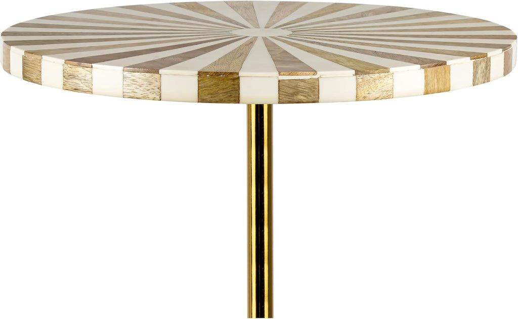 JONATHAN Y Calix 23.5" Round Sunburst Pedestal Drink Table, Light Brown | Modern Art Deco Style, Glossy Gold Metal Candlestick Leg, Ideal For Small Spaces, Living Room Or Bedroom, Spill-Proof Top