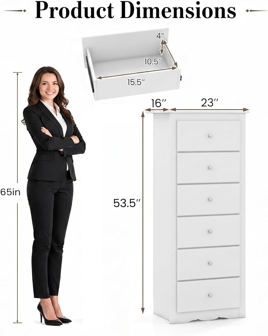 POWERSTONE 6-Drawer Storage Cabinet, 53 Inch Tall Wooden File Cabinet with Metal Pull Handles, Multi-Functional Office Supplies Organizer for Home Office, Living Room, Hallway, Entryway, White