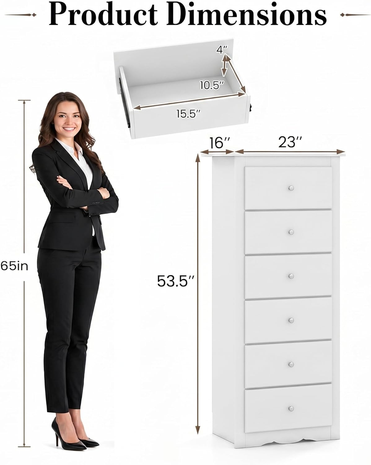 POWERSTONE 6-Drawer Storage Cabinet, 53 Inch Tall Wooden File Cabinet with Metal Pull Handles, Multi-Functional Office Supplies Organizer for Home Office, Living Room, Hallway, Entryway, White