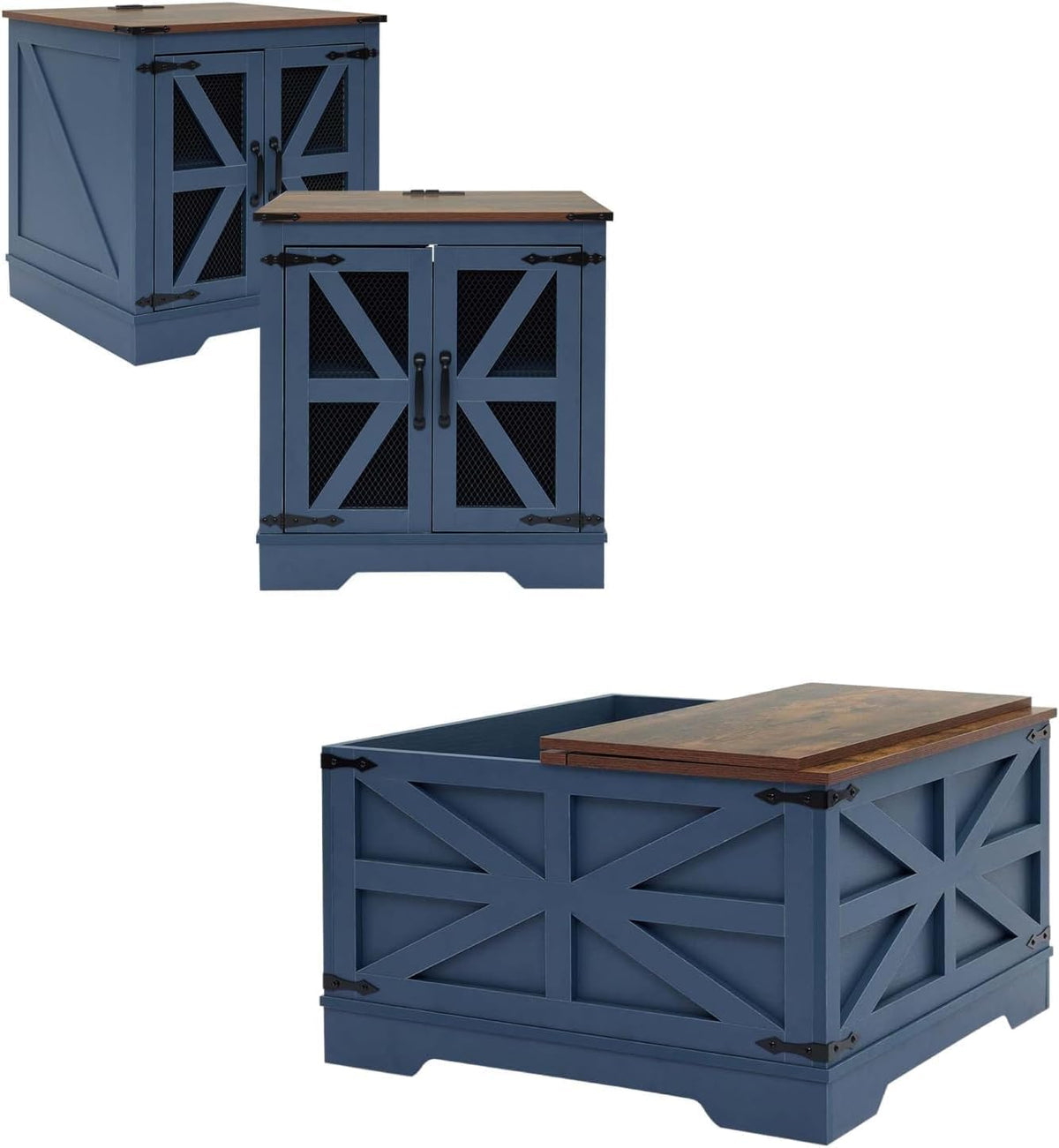 Farmhouse Coffee Table Set of 3, 1 Lift Top Coffee Table with Sliding Barn Doors and 2 End Tables with Charging Station, Living Room Table Set for Home Office, Blue