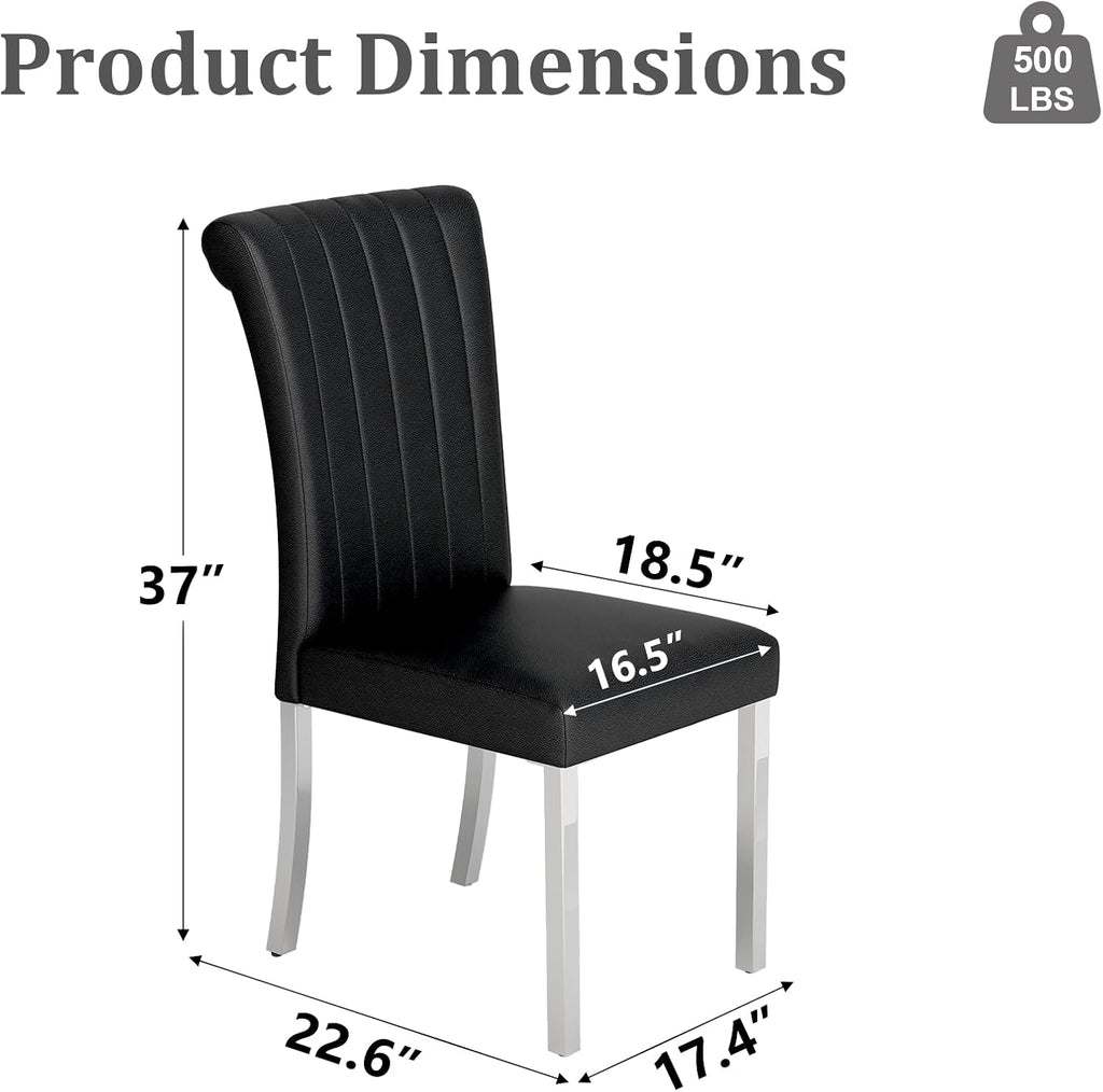 ACEDÉCOR Modern Dining Chairs Set of 6, Black Leather Dining Room Chairs with Silver Stainless Steel Legs, Upholstered Chairs with High Back and Metal Chrome Legs for Kitchen/Living Room/Restaurant