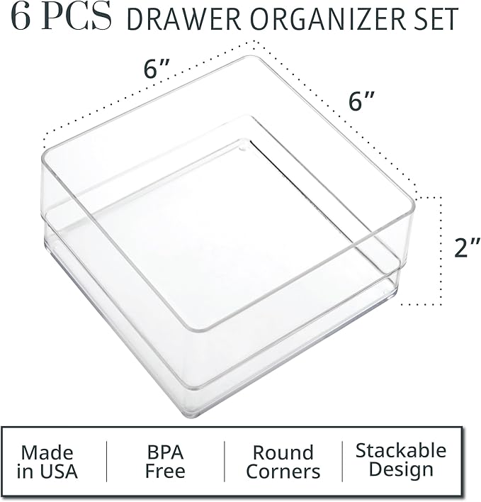 STORi SimpleSort 6-Piece Stackable Clear Drawer Organizer Set | 6" x 6" x 2" Square Trays | Small Makeup Vanity Storage Bins and Office Desk Drawer Dividers | Made in USA