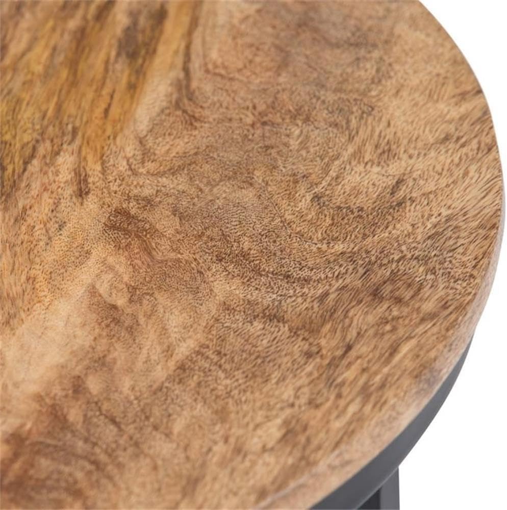 Industrial Round Side Table, 18" W x 24" H, Mango Hardwood and Metal Frame, Natural Finish, Open Bottom Shelf, Multipurpose Accent Table for Living Room, Bedroom, or Office
