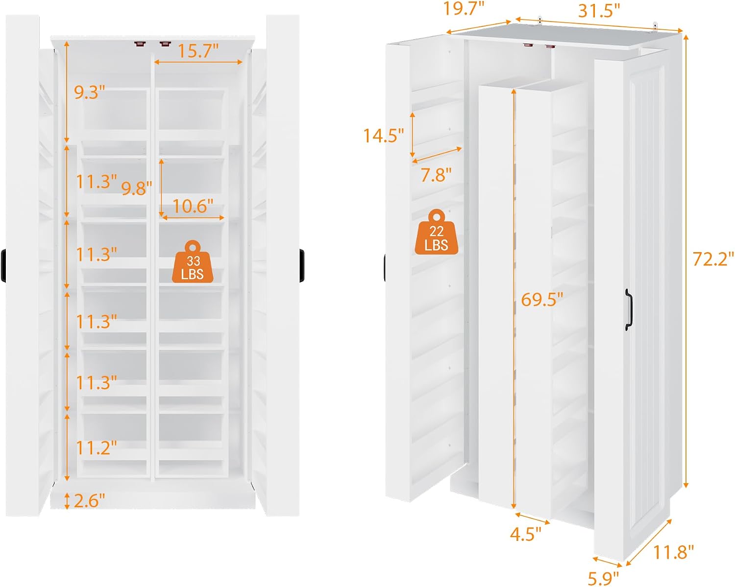 AIEGLE Kitchen Storage Cabinet with Doors & Rotatable Shelves, 72" Tall Food Pantry Cabinet with 9-Tier Shelves, Modern Multi-Layer Storage Cupboard for Dining Room, Craft Room, White