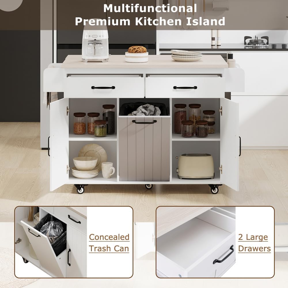 ZOEDO K&K Kitchen Island with Trash Can Storage Cabinet, Kitchen Cart with Drop Leaf, Spice Rack, Towel Rack and Drawer, Rolling Kitchen Island on Wheels with Adjustable Shelf, White