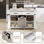 ZOEDO K&K Kitchen Island with Trash Can Storage Cabinet, Kitchen Cart with Drop Leaf, Spice Rack, Towel Rack and Drawer, Rolling Kitchen Island on Wheels with Adjustable Shelf, White