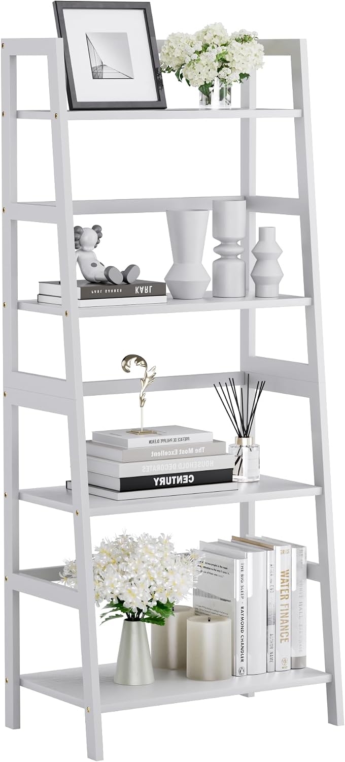 HITNET Ladder Shelf, 4 Tier Bookshelf, Floor Standing Bathroom Storage Rack with Bamboo Frame, Home Office Open Display Bookcase, White