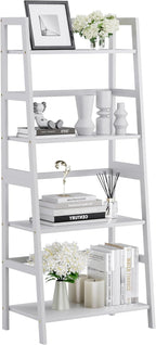 HITNET Ladder Shelf, 4 Tier Bookshelf, Floor Standing Bathroom Storage Rack with Bamboo Frame, Home Office Open Display Bookcase, White