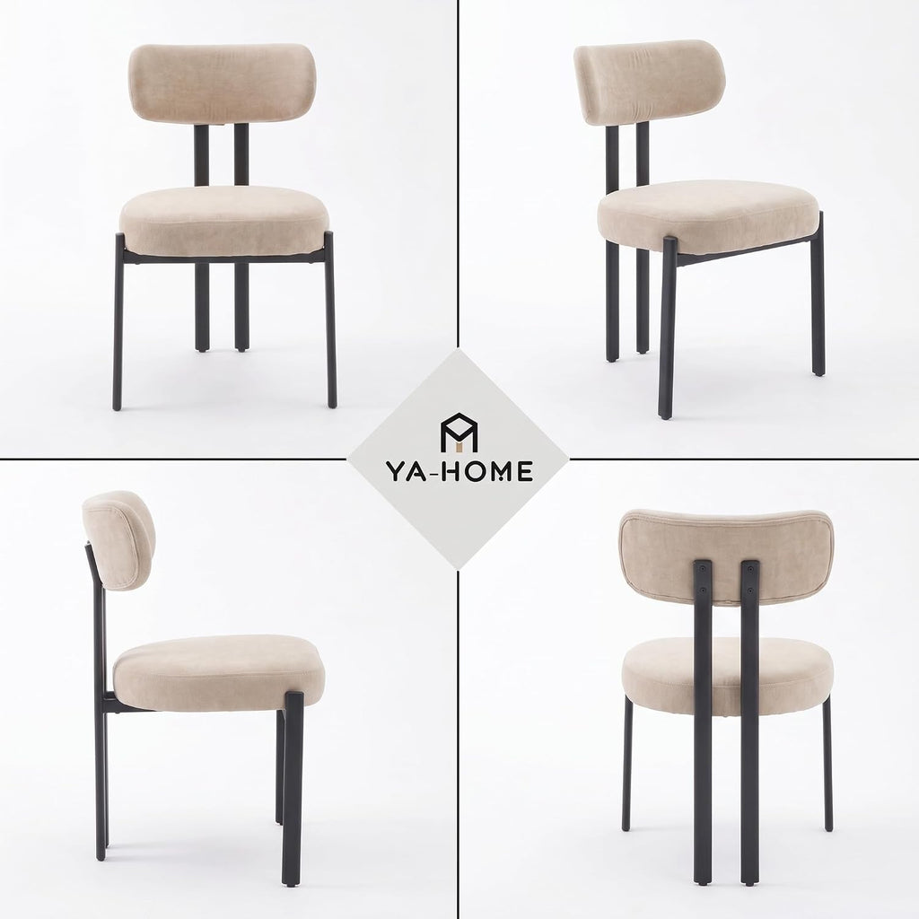 Ya-Home Modern Dining Chairs Set of 2, Chenille Kitchen Chairs, Khaki | Curved Back Upholstered Chairs With Black Metal Legs, Armless Dining Room Chairs Guest Chairs for Restaurant/Home Kitchen