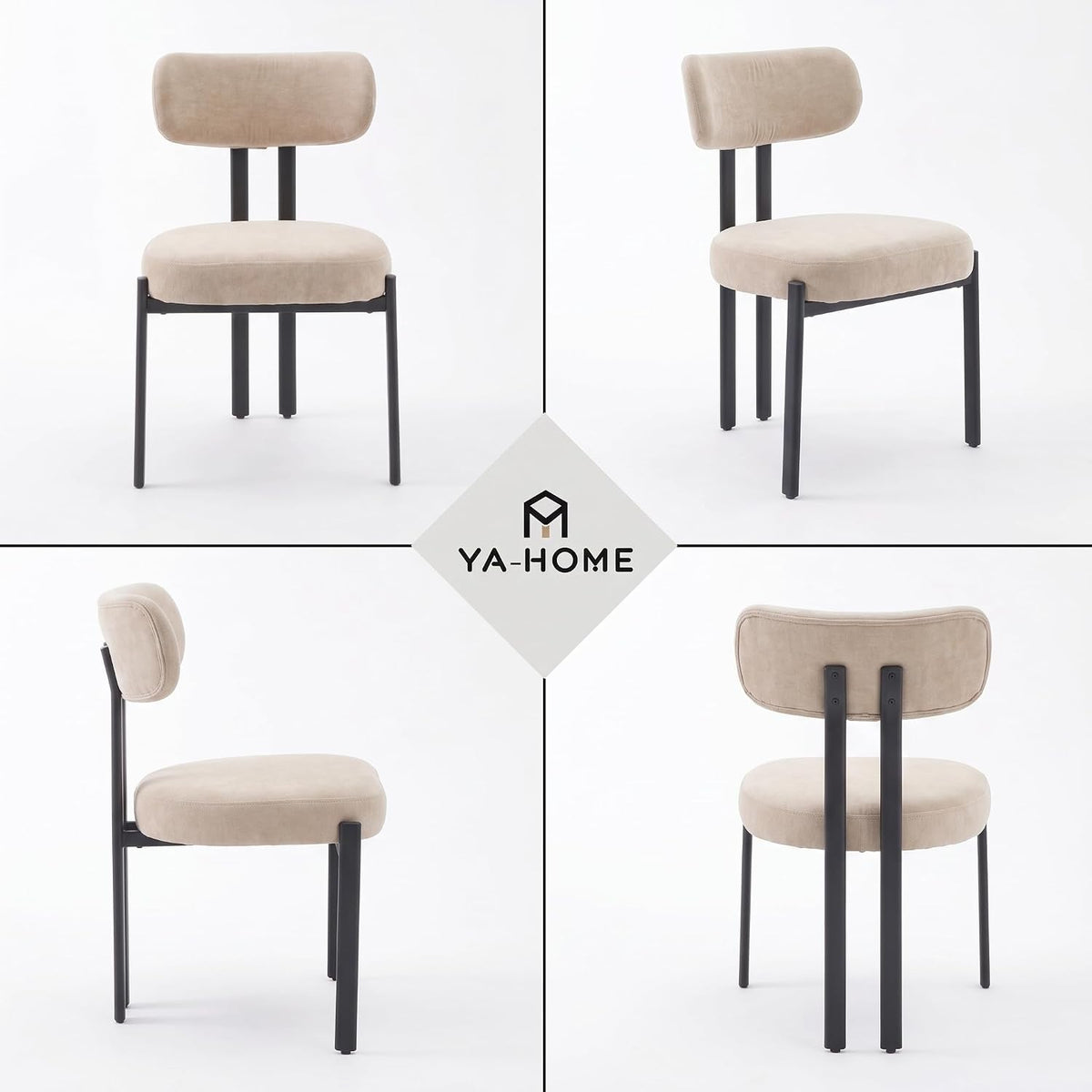 Ya-Home Modern Dining Chairs Set of 2, Chenille Kitchen Chairs, Khaki | Curved Back Upholstered Chairs With Black Metal Legs, Armless Dining Room Chairs Guest Chairs for Restaurant/Home Kitchen