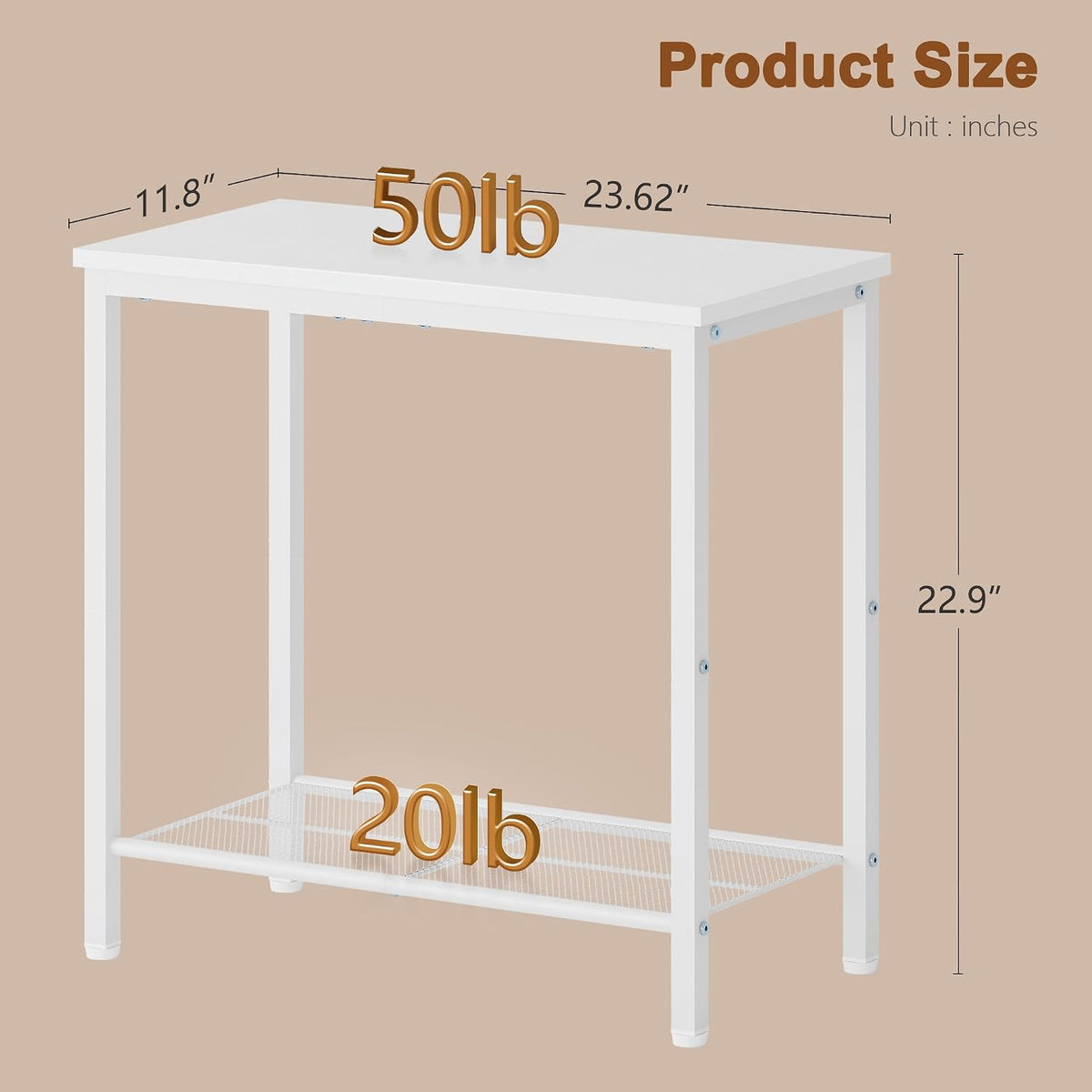 Hoctieon 2 Tier End Table, Sofa Side Table, Narrow Side Table with Storage, Slim Nightstand for Small Spaces, Metal Frame, for Living Room, Bedroom, Sofa Couch, Hall, White