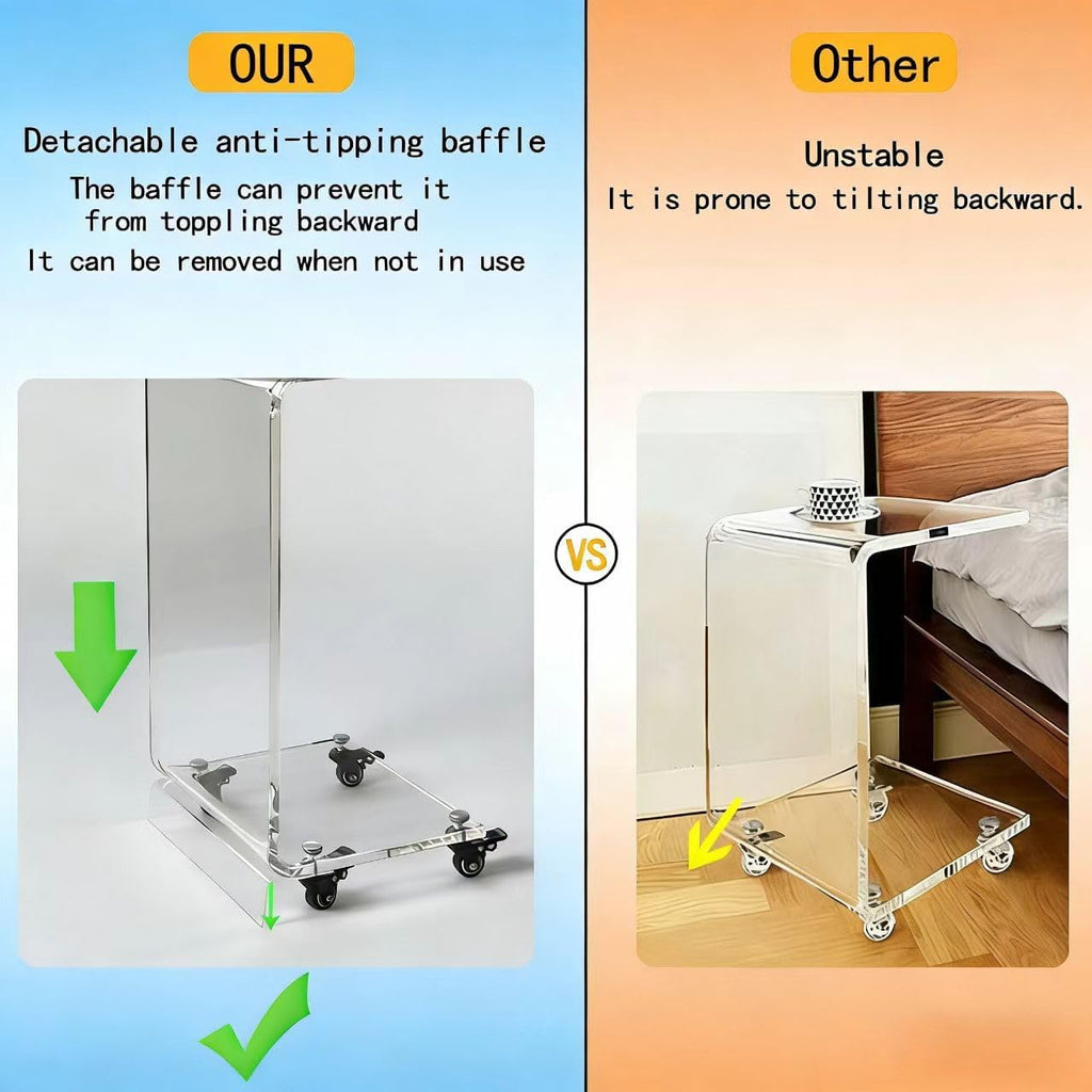 Acrylic Clear Movable End Table -26" h C-Shaped Modern Rolling Bedside/Sofa Side Table, Ideal for Bedroom and Living Room as a Snack Table