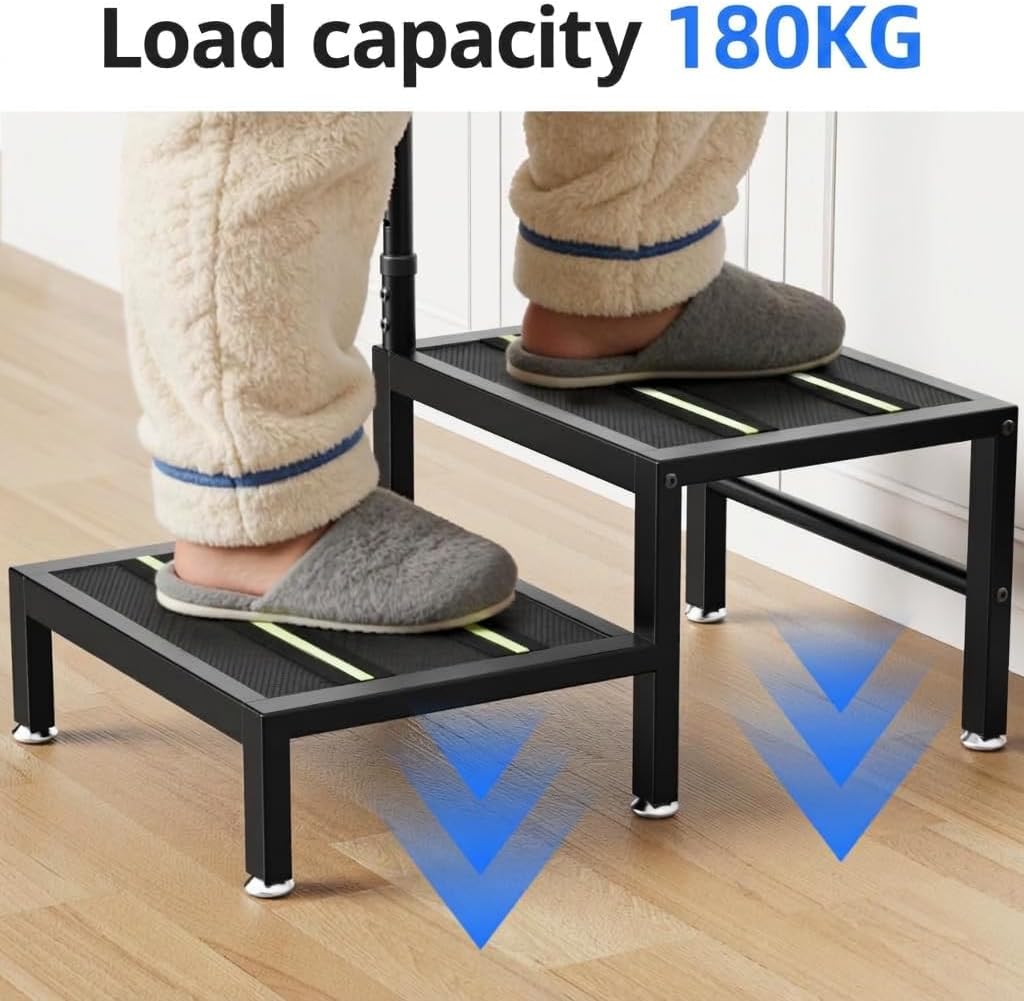 2 Step Stool with Handle, Heavy Duty Step Stool for Elderly and Adults, Adjustable Handrail with Non-Slip Platform, Bedside Steps for High Beds, Kitchen and Bathroom