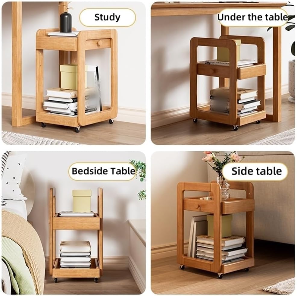 Side Table with 2 Tier Storage Shelf and Wheels Wood End Table Nightstand Bedside Tables Bookshelf for Home Solid Construction(White)