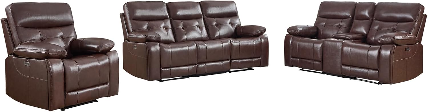 CANMOV Genuine Leather Power Reclining Sofa Set,Living Room Furniture Sofa Set,Power Recliner Chair,Loveseat and Sofa with Storage Console, USB Ports, Cup Holders for Living Room,Dark Brown