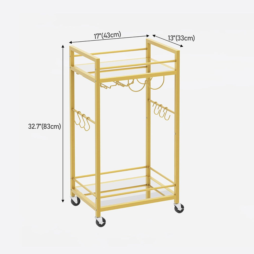 TUTOTAK Gold Bar Cart with 2 Mirrored Shelves, Wine Rack & Glass Holder | 2-Tier 17 Inch Wide Home Bar Serving Carts, Small Mobile Kitchen Shelf with 6 Hooks, Gold BC01BB031M