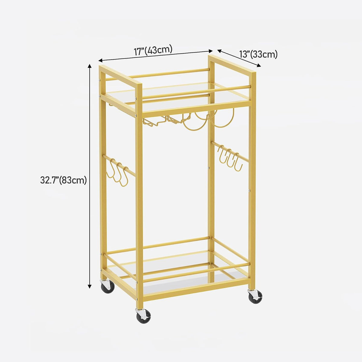 TUTOTAK Gold Bar Cart with 2 Mirrored Shelves, Wine Rack & Glass Holder | 2-Tier 17 Inch Wide Home Bar Serving Carts, Small Mobile Kitchen Shelf with 6 Hooks, Gold BC01BB031M