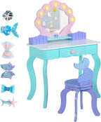 BRINJOY Kids Vanity with Lighted Mirror and Chair | Wooden Princess Vanity for Girls, 2 in 1 Ocean Theme Children Dressing Table Set, Little Girl Makeup Vanity with Mirror Gift