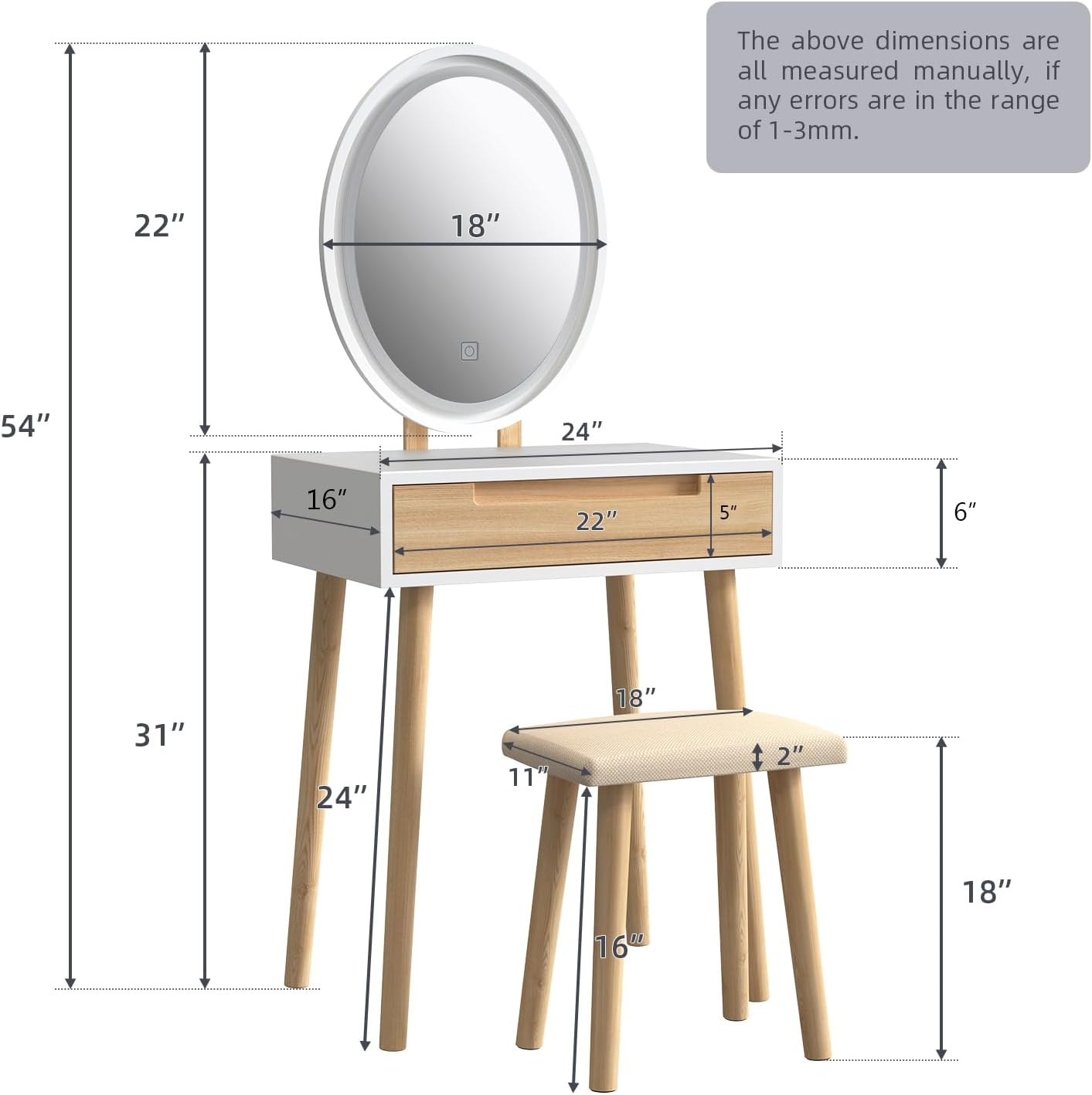 YOURLITE Makeup Vanity Table Set with 3 Modes Adjustable Lighted Mirror Cushioned Stool, Dressing Table for Small Space | 3 Lighting Modes, Adjustable Brightness, Cushioned Stool, Dressing Table, Compact Design, for Small Spaces