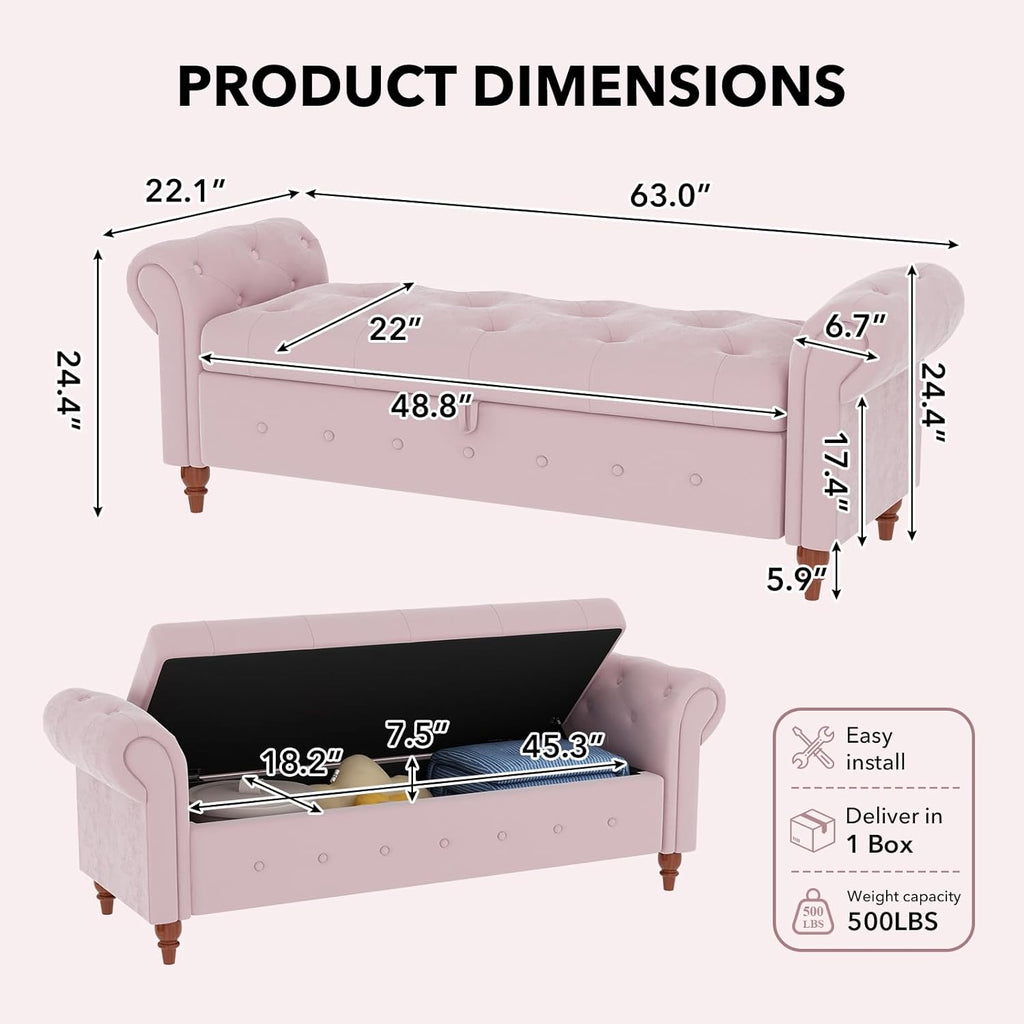 63" Wide Storage Bench, Velvet Upholstered End of Bed Bench with Pull Ring Design, Storage Shoe Cabinet Bench with Rolled Arm, Modern Window Bench for Bedroom (Pink)