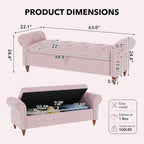63" Wide Storage Bench, Velvet Upholstered End of Bed Bench with Pull Ring Design, Storage Shoe Cabinet Bench with Rolled Arm, Modern Window Bench for Bedroom (Pink)