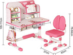 Kids Functional Desk and Chair Set, Height Adjustable Children School Study Table Chair Set with Astronaut Pattern, Ergonomic Desk Chair with Large Writing Board, Bookshelf and Drawer Pink