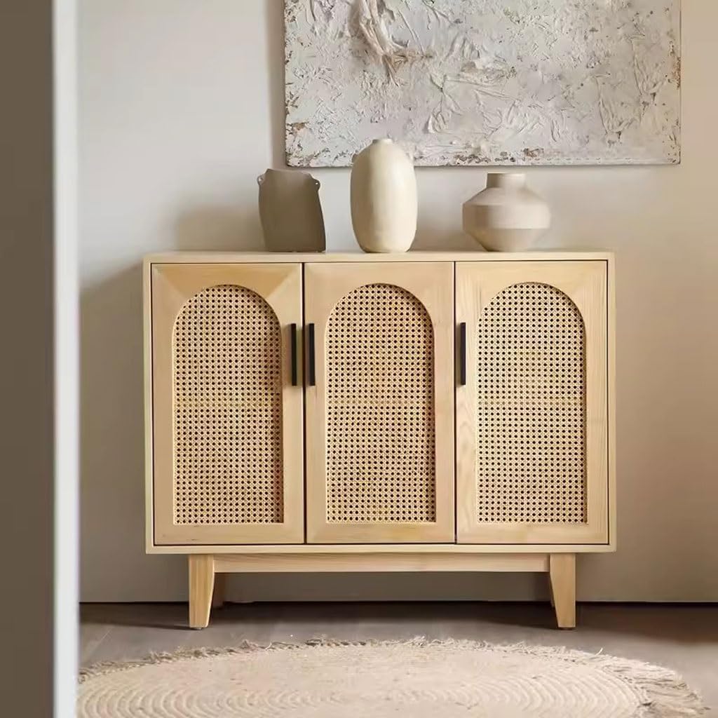 Entryway Cabinet Simple Solid Wood Rattan Dining Sideboard Nordic Home Living Room Kitchen Storage Locker Sideboard Storage Cabinet(M:120CMX35CMX90CM)