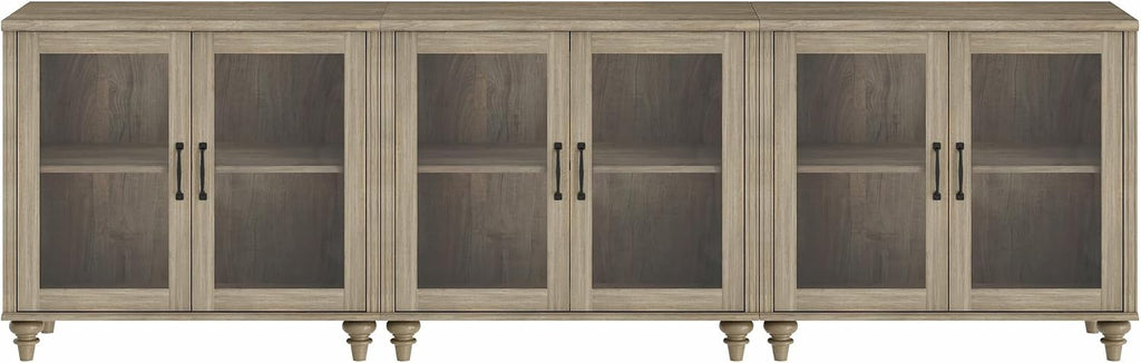 WAMAPT Farmhouse Sideboard Credenza with 6 Glass Doors, Large Coffee Bar Table with Adjustable Shelf, Wood Kitchen Storage Cabinets, Modern Buffet Cabinet for Dining Room, Grey, 101"