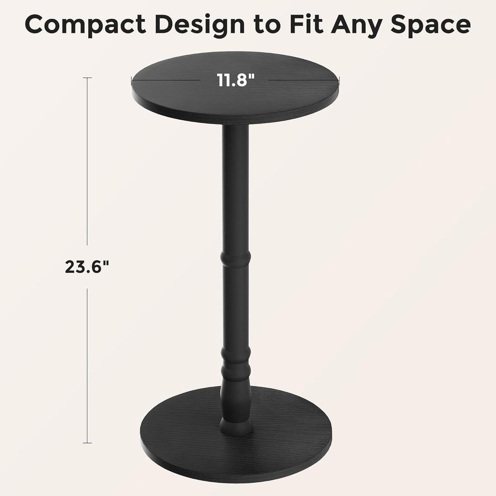 Homleke 12" Round Side Table, Solid Wood Pillar with Wood Top & Base, Small Drink Accent Table for Living Room, Bedroom, Sofa & Office, Easy Assembly, Black