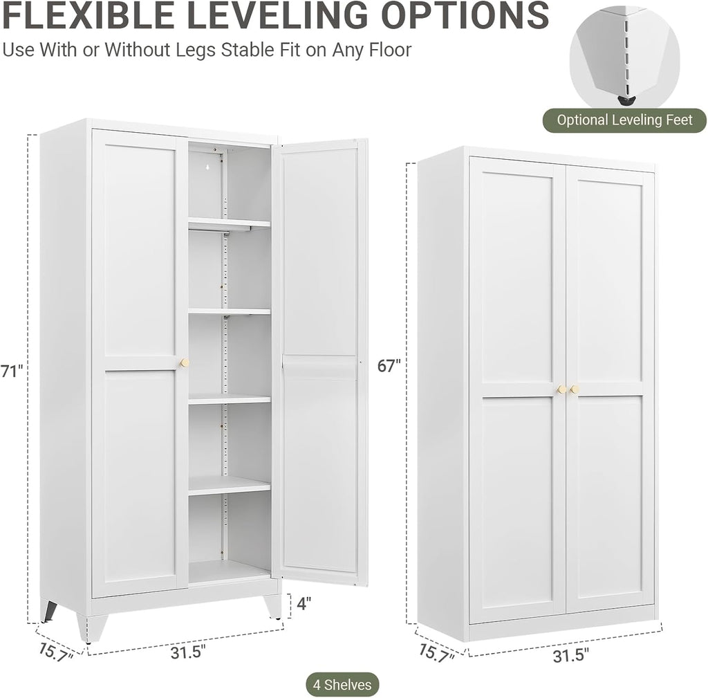 71" Metal Kitchen Storage Cabinet with Doors, Freestanding Steel Pantry Cabinet, 4 Adjustable Shelves, for Dining Room, White