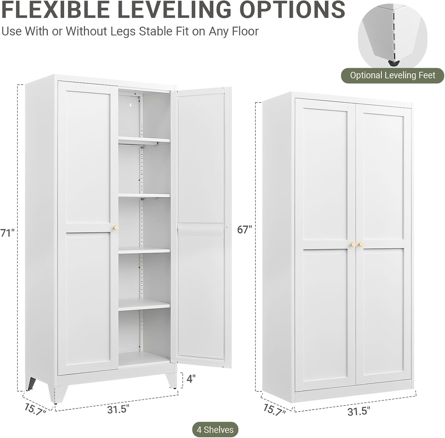 71" Metal Kitchen Storage Cabinet with Doors, Freestanding Steel Pantry Cabinet, 4 Adjustable Shelves, for Dining Room, White