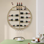Wall Mounted Wine Rack with Glass Holder, Gold Metal Bottle Holder Round Wine Storage Display Rack for Restaurants Bar Dining Room Kitchen