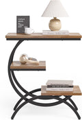 LITTLE TREE End Table, Narrow End Table with 3 Storage Shelves, Industrial C-Shaped Small Sofa Side Table for Living Room, Wood Slim Snack Table with Black Metal Frame, Oak