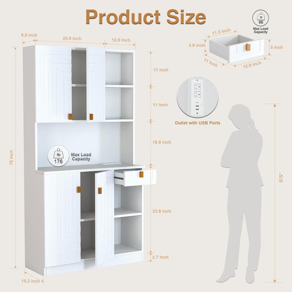White Kitchen Pantry Cabinet, 71" Hutch Cabinet with Countertop & Power Outlet & Adjustable Shelves, High Gloss Wood Buffet Cabinet with Microwave Stand for Living Room, Dinning Room