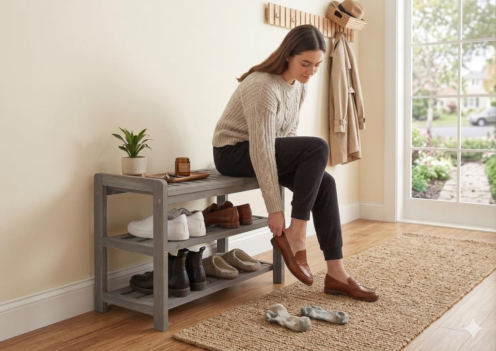 27-Inch Wooden Shoe Bench for Entryway, 3-Tier Storage Organizer, Rustic Shoe Rack Bench for Narrow Spaces, Brush Grey