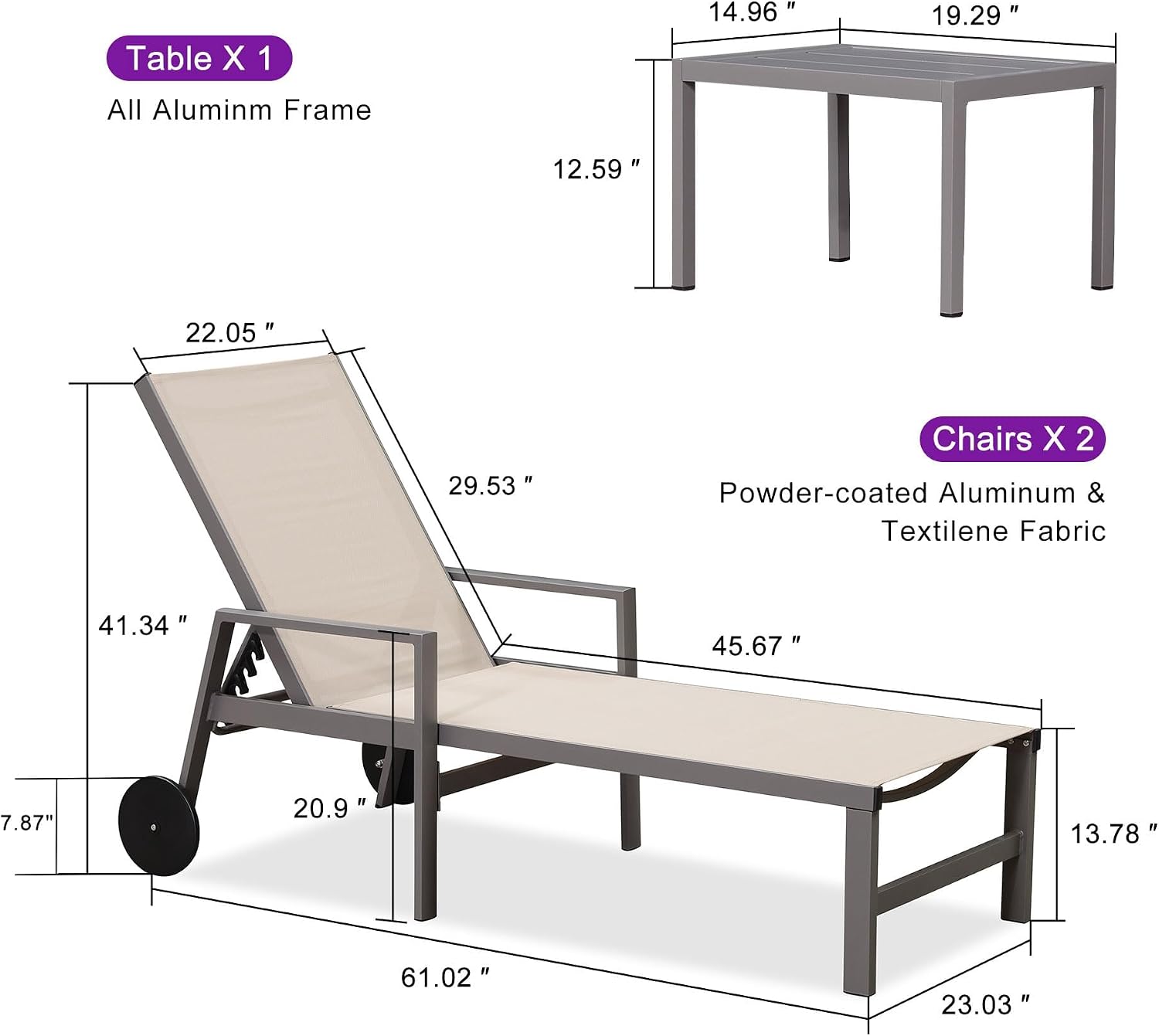 PURPLE LEAF Chaise Lounge Outdoor Set for 2 with Armrest, Khaki | All-aluminum supportive armrests, effortless sitting & standing transitions, stylish design, ultimate outdoor leisure