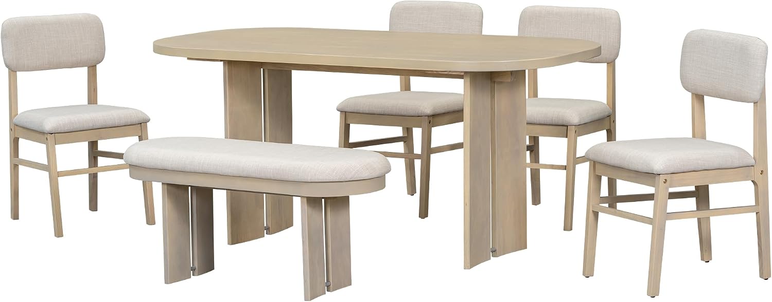 6 Pieces Wood Dining Table Set with Bench, Farmhouse Rectangular Table with 4 Upholstered Chairs & 1 Bench for Family Gatherings﻿ (Natural)