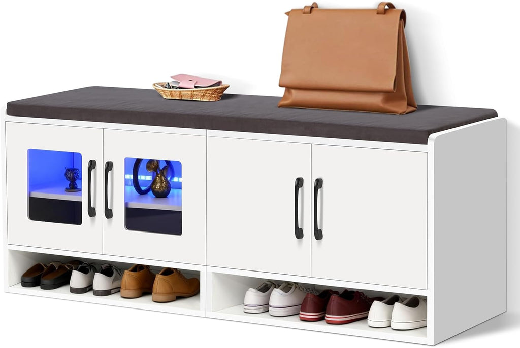 Shoe Bench with Thickened Cushion,Entrance Bench with Glass Door and Ambient Light,Three-Layer Shoe Rack,Color Changing Light Strip, Two Large Storage Spaces,Living Room,Bedroom,White