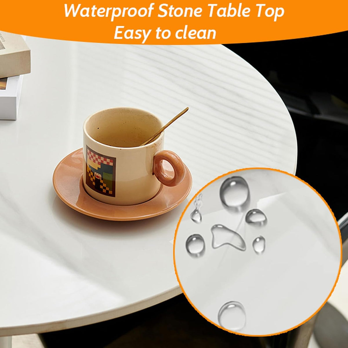 Round Metal Side Table - Modern Slate Coffee Table, Decorative Accent End Table for Living Room, Bedroom, Patio - Small Circle Side Table with Sturdy Base, A