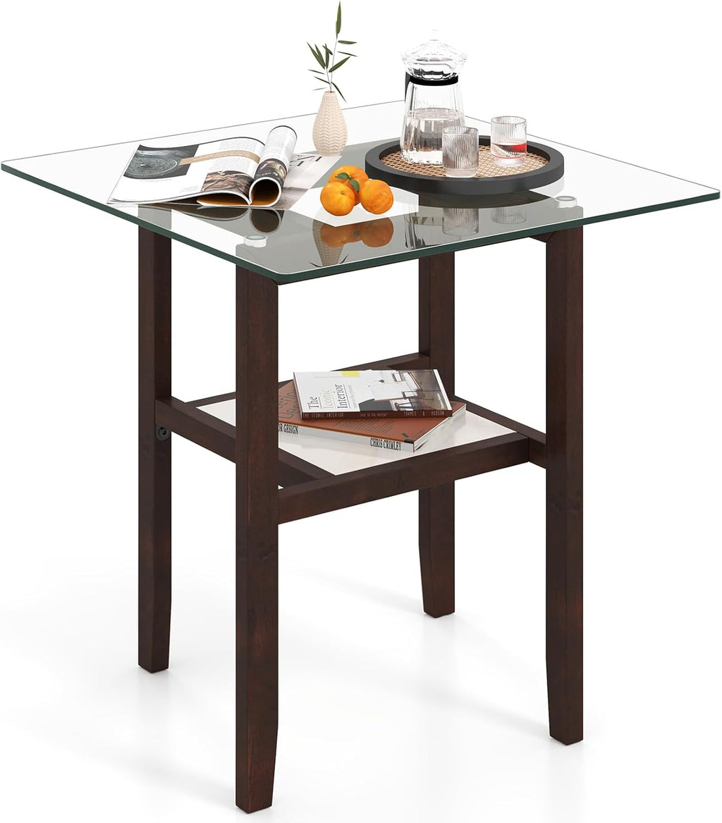 Tangkula 24" Square Glass Side Table, 2-Tier End Table with Storage Shelf & Rubber Wood Frame, Modern Accent Sofa Table for Living Room, Home, Office, Brown (1, Brown)