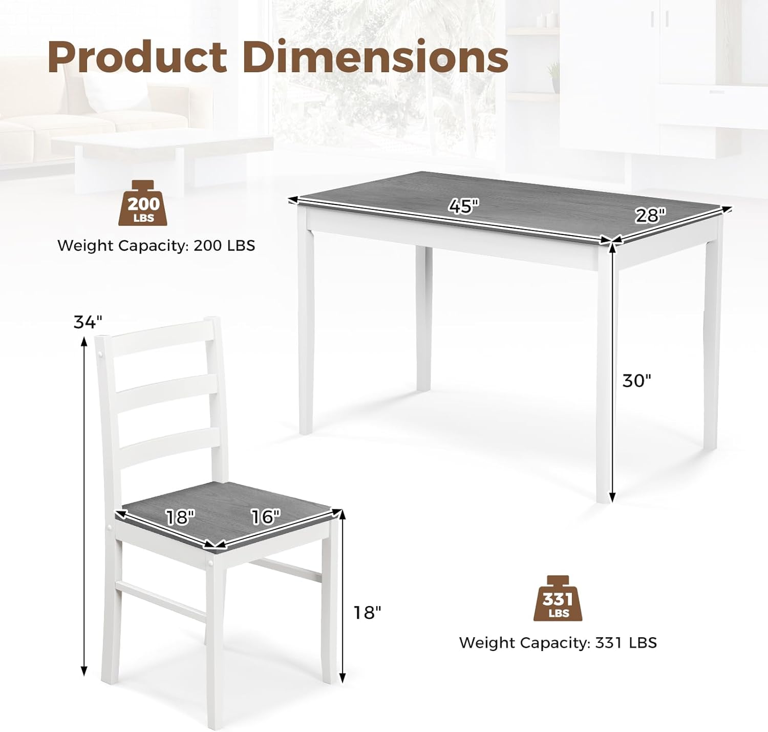 COSTWAY 5-Piece Dining Table Set for 4 w/Rubber Wood Structure, Grey | Spacious Tabletop, Anti-Slip Pads, Rubber Wood Legs, Space-Saving Design for Small Place, Apartment, Studio, Restaurant