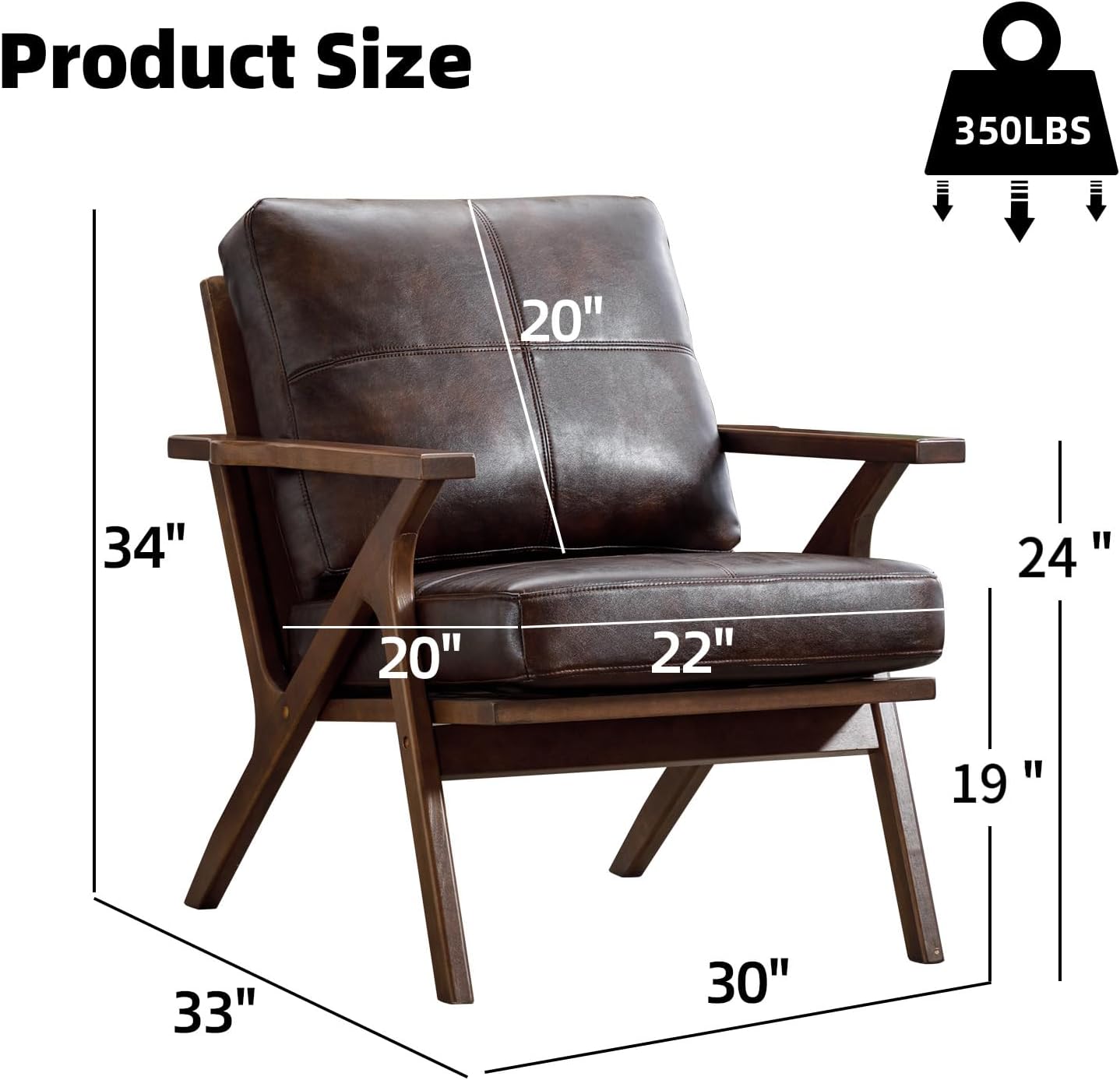 INZOY Mid-Century Modern Accent Chair with Wood Frame Set of 2, PU Leather Living Room Chair and Soft Thick Padded Armchair for Living Room Bedroom Reception with Removable Upholstered Cushions, Brown